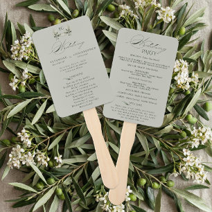 Sage Green Olive Branch Monogram Wedding Program  Hand Fan