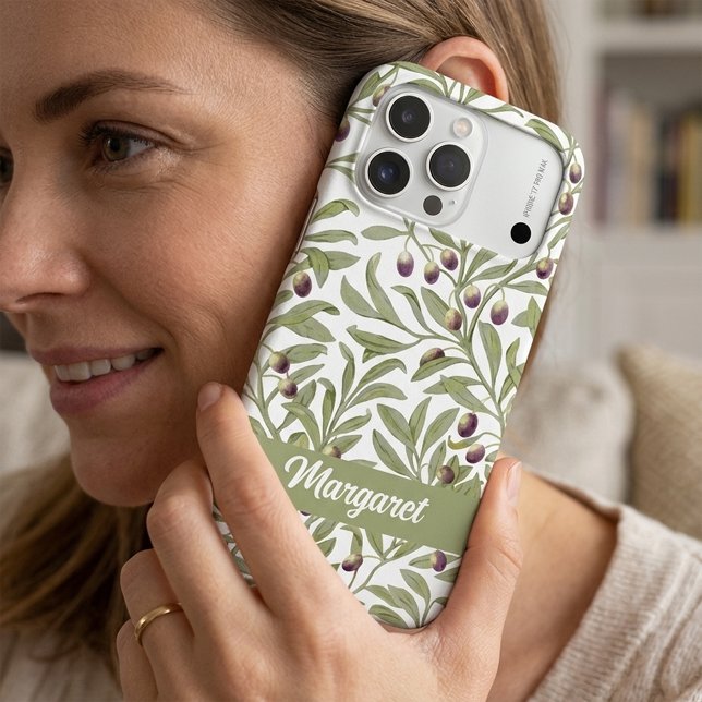  Sage Green Olive Branch Name Monogram  (Olive Branch Name Monogram Sage Green iPhone Case)