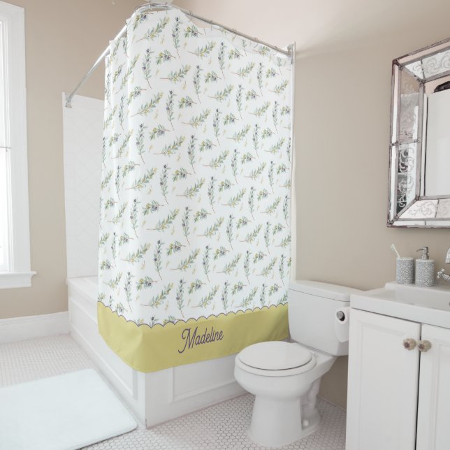 Sage Green Olive Branch Pattern Monogram Shower Curtain (In Situ)