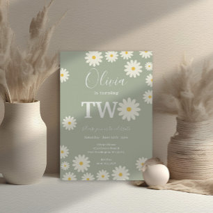 Sage Green Olive Daisy Floral 2nd Birthday party  Invitation