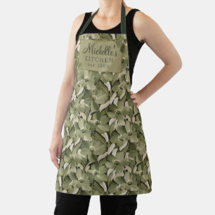 Sage Green Olive Floral Pattern Botanical Painting Apron