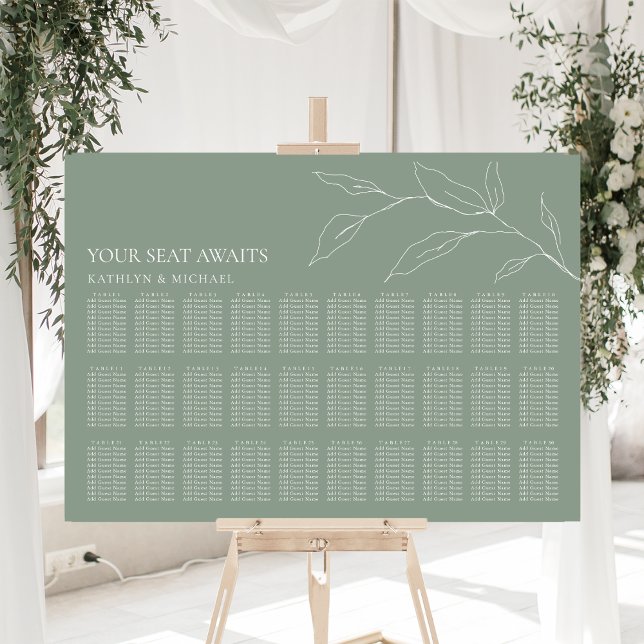 Sage Green Olive Leaf Wedding 30 Table Seating Poster (Creator Uploaded)