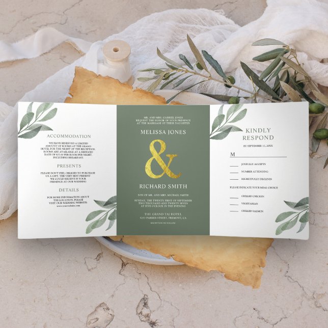 Sage Green Olive Leaves Branch All in One Wedding Tri-Fold Invitation (Creator Uploaded)