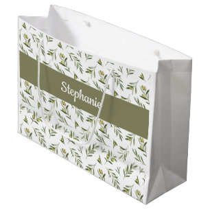 Sage Green Olives Watercolor Monogram Name Large Gift Bag