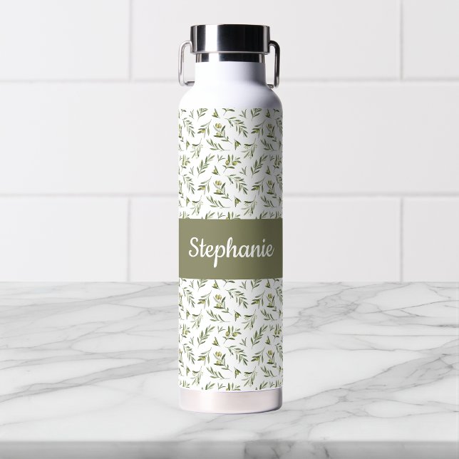 Sage Green Olives Watercolor Monogram Name Water Bottle (Creator Uploaded)