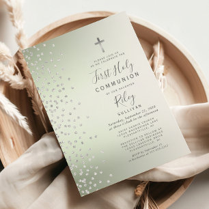 Sage Green Ombre Confetti First Holy Communion Invitation