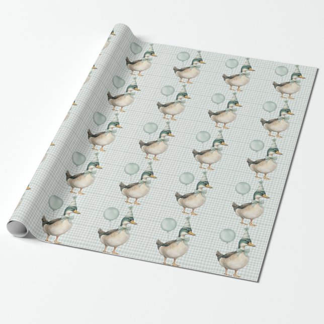 Sage Green One Lucky Duck Balloon Birthday Wrapping Paper (Unrolled)