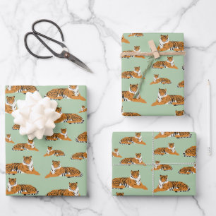 Sage Green Orange Jungle Tiger Animal Pattern Wrapping Paper Sheet