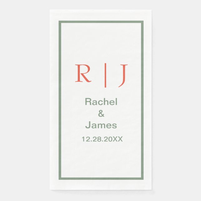 Sage Green Orange Monogram Name Simple Wedding Napkin (Front)