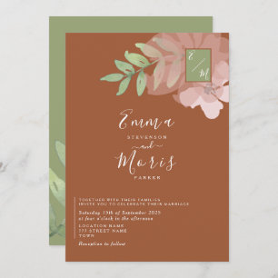 Sage Green Orange Monogram Wedding Invitation