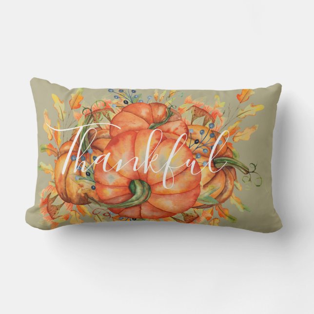 Sage Green & Orange Pumpkin Bounty Thanksgiving Lumbar Cushion (Front)