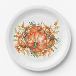 Sage Green & Orange Pumpkin Bounty Thanksgiving  Paper Plate