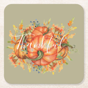 Sage Green & Orange Pumpkin Bounty Thanksgiving   Square Paper Coaster