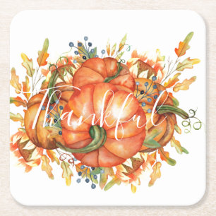 Sage Green & Orange Pumpkin Bounty Thanksgiving  Square Paper Coaster