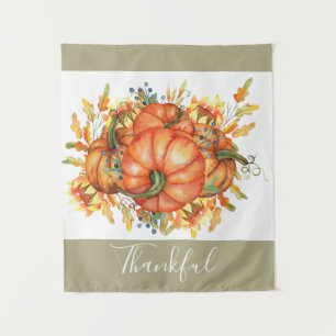 Sage Green & Orange Pumpkin Bounty Thanksgiving Tapestry