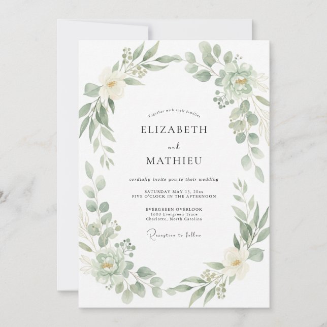 Sage Green Organic Botanical Wedding Invitation (Front)