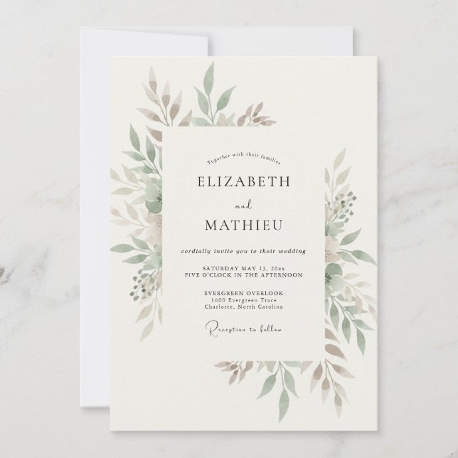 Sage Green Organic Foliage Wedding Invitation (Front)