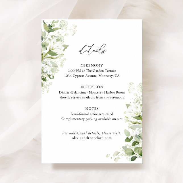 Sage Green Organic Greenery Wedding Details, Info Enclosure Card (Sage green organic greenery wedding details card with watercolor florals, botanical info enclosure)