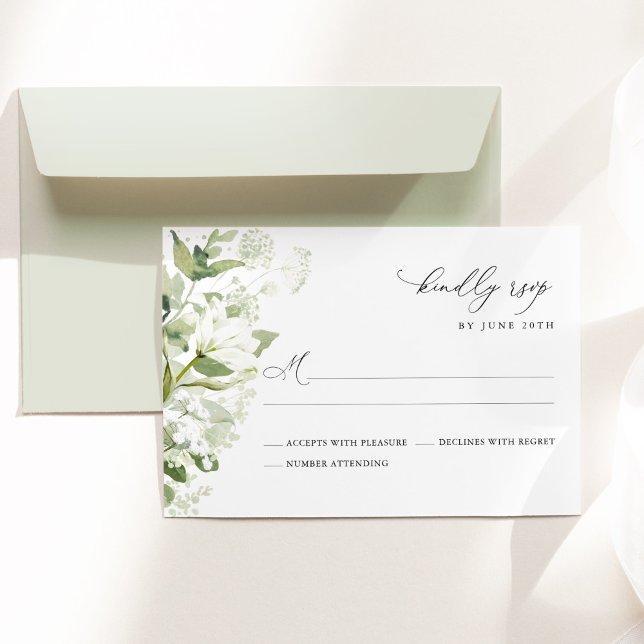 Sage Green Organic Greenery Wedding RSVP Card (Sage green organic greenery watercolor wedding RSVP card with botanical florals & elegant typography)