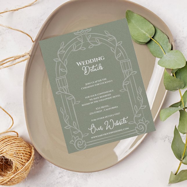 Sage Green Ornate Arch Botanical Wedding Details Enclosure Card (Sage Green Ornate Arch Botanical Wedding Details Card | Elegant Wedding Information Enclosure)