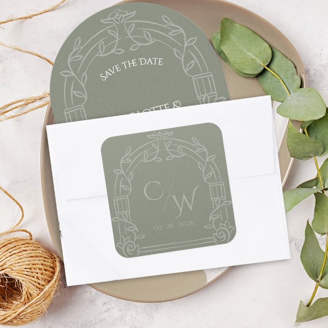 Sage Green Ornate Arch Botanical Wedding Envelope  Square Sticker (Elegant Sage Green Ornate Arch Botanical Wedding Envelope Seal Sticker)