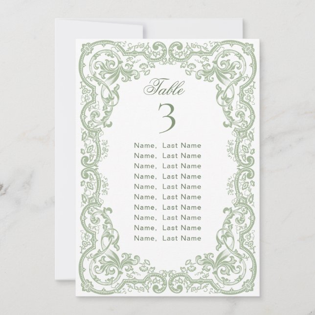 Sage Green Ornate Victorian Seating Chart Card (Front)