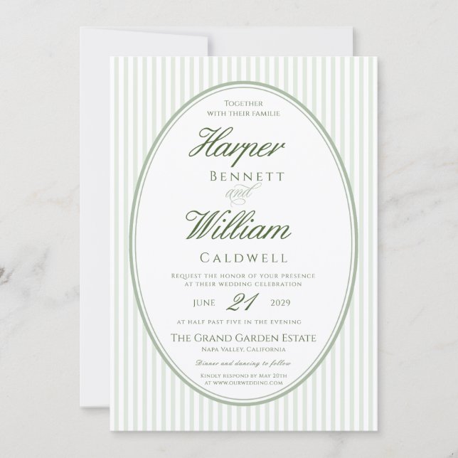 Sage Green Oval Frame Striped Wedding Invitation (Front)
