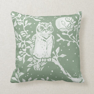 Sage Green Owl Woodland Moon Nature Throw Pillow