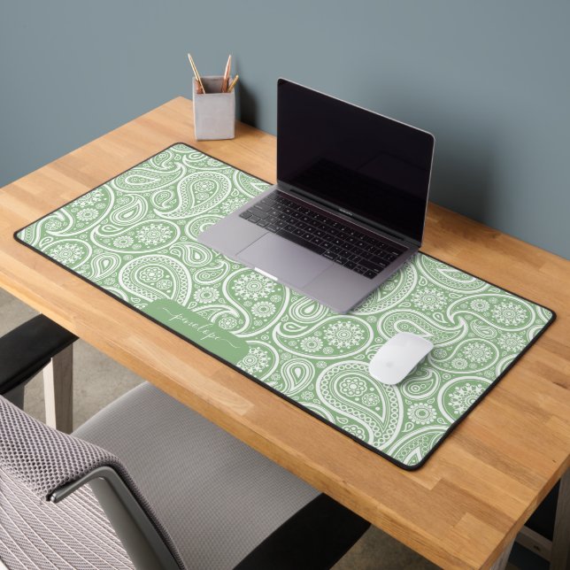 Sage Green paisley pattern custom monogram Desk Mat (Office 2)