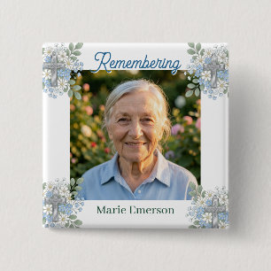 Sage Green Pale Blue Floral Cross Photo Memorial 15 Cm Square Badge
