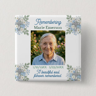 Sage Green Pale Blue Floral Cross Photo Memorial 15 Cm Square Badge