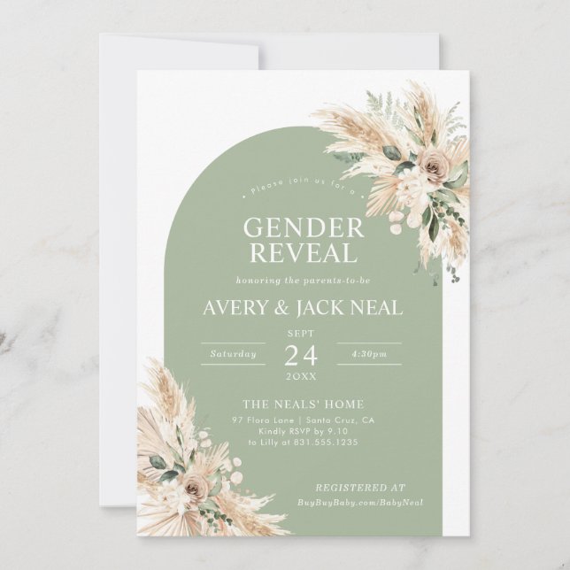 Sage Green Pampas Grass Baby Gender Reveal Invitation (Front)