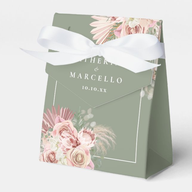 Sage Green Pampas Grass Boho Wedding Favour Box (Front Side)