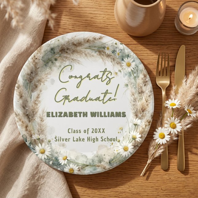 Sage Green Pampas Grass Daisy Boho Graduation Paper Plate (Creator Uploaded)