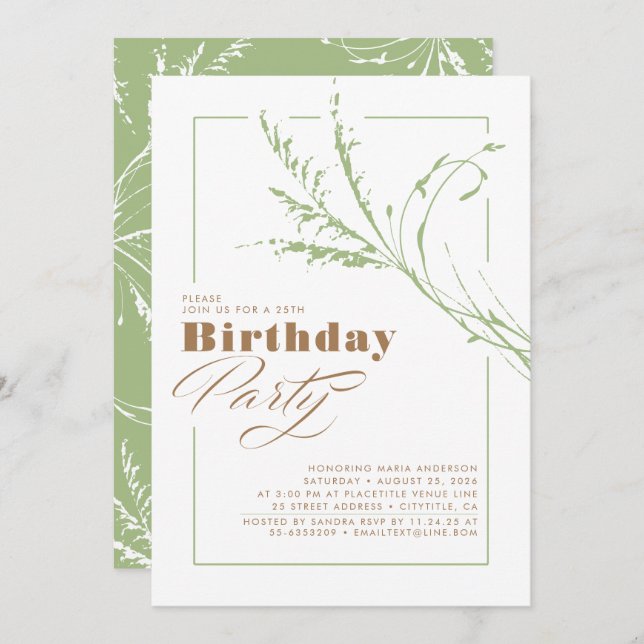 Sage Green Pampas Grass Modern Birthday Party Invitation (Front/Back)