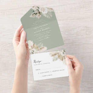 Sage green pampas grass watercolor floral wedding  all in one invitation