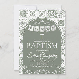 Sage Green Papel Picado Baptism Invitation