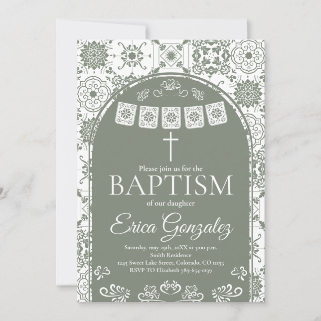 Sage Green Papel Picado Baptism Invitation (Front)