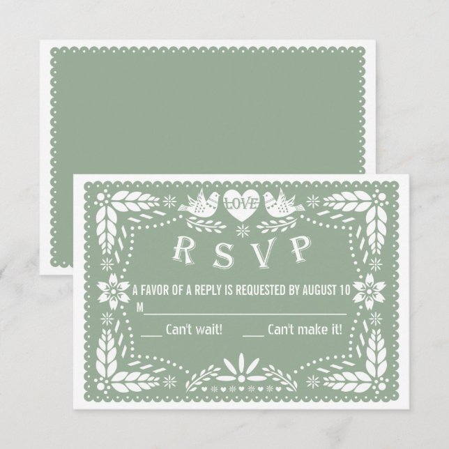 Sage green papel picado love birds flowers wedding RSVP card (Front/Back)