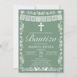 Sage Green Papel Picado Spanish Bautizo Invitation