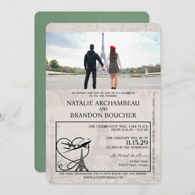 Sage Green Paris Passport Wedding Invitation (Front/Back)