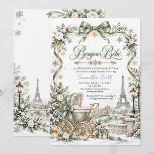 Sage Green Parisian Winter Carriage Baby Shower Invitation