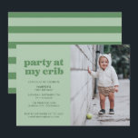 Sage Green Party at My Crib 1st Birthday Party Invitation<br><div class="desc">This fun 1st birthday party invitation features the words "party at my crib" in green on a light green background. It features space for a single photo on the right with space for all of your party details on the left. The back has a colour coordinating striped pattern in shades...</div>