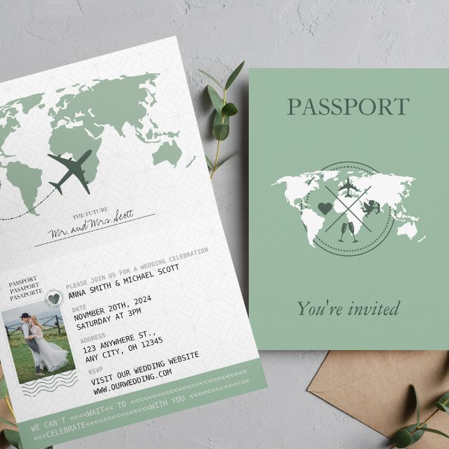 Sage Green Passport Destination Wedding Invitation (Creator Uploaded)
