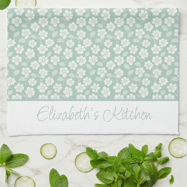Sage Green Pastel Light Mint White Boho Florals Tea Towel (Folded)