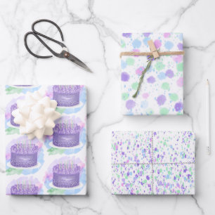 Sage Green, Pastel Purple and Pink Birthday Cake Wrapping Paper Sheet