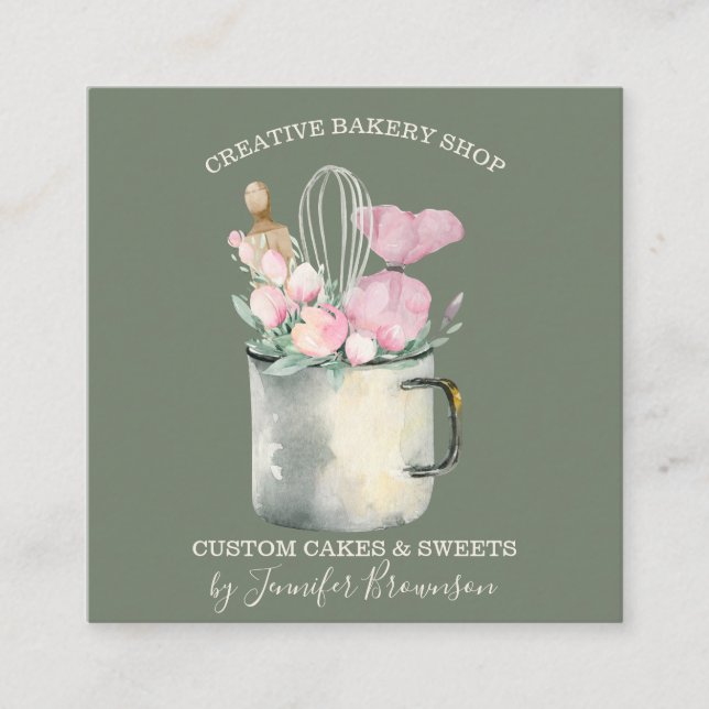 Sage Green Pastry Chef mug Boho chic Bakery Square Business Card (Front)
