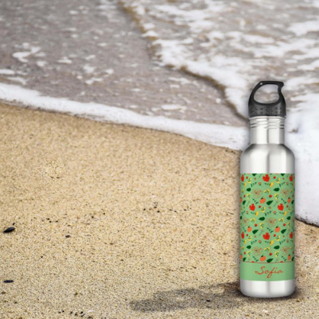 Sage green pattern wildflowers red poppy  710 ml water bottle (Creator Uploaded)