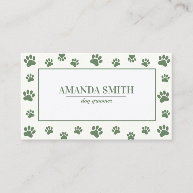 Sage Green Paw Prints Dog Groomer Business Card (Front)