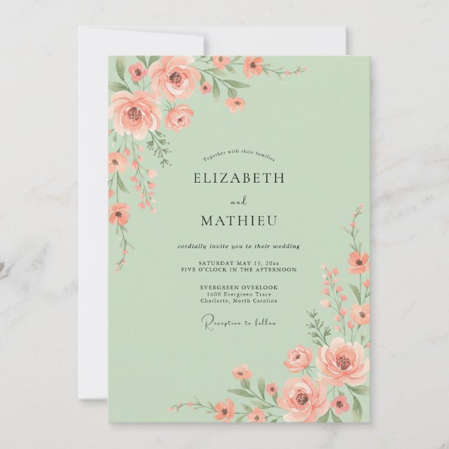 Sage Green Peach Botanical Spring Wedding Invitation (Front)